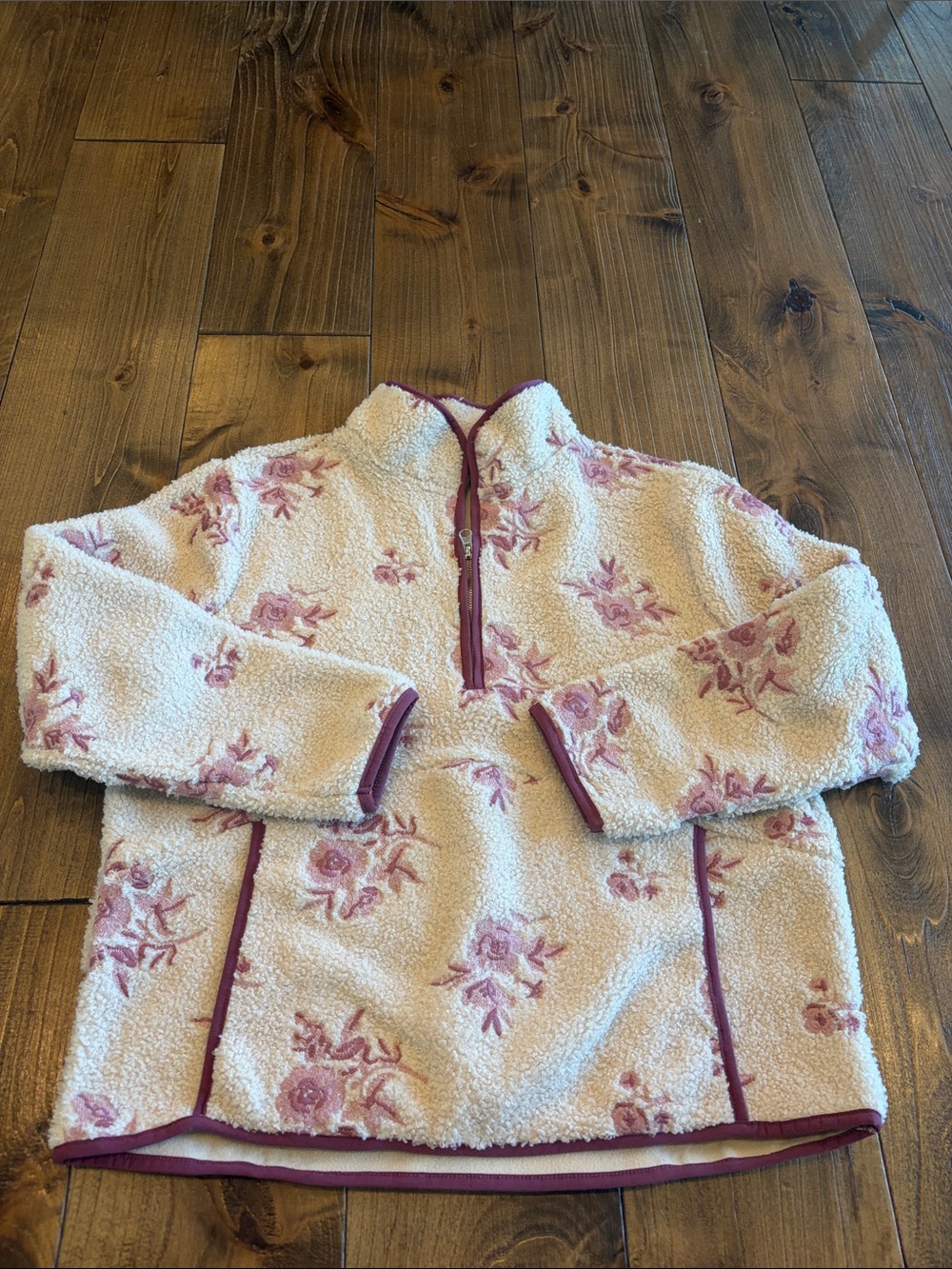House of Harlow 1960 Cream Sherpa Pullover with Pink Floral Trim